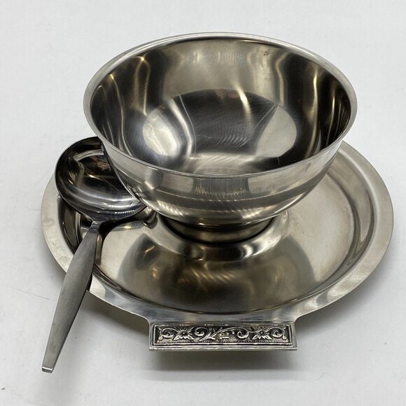 Vtg Mid Century Danish Mod Sauce/Gravy Boat Stainless Steel Attchd Saucer Ladle - Picture 4 of 12